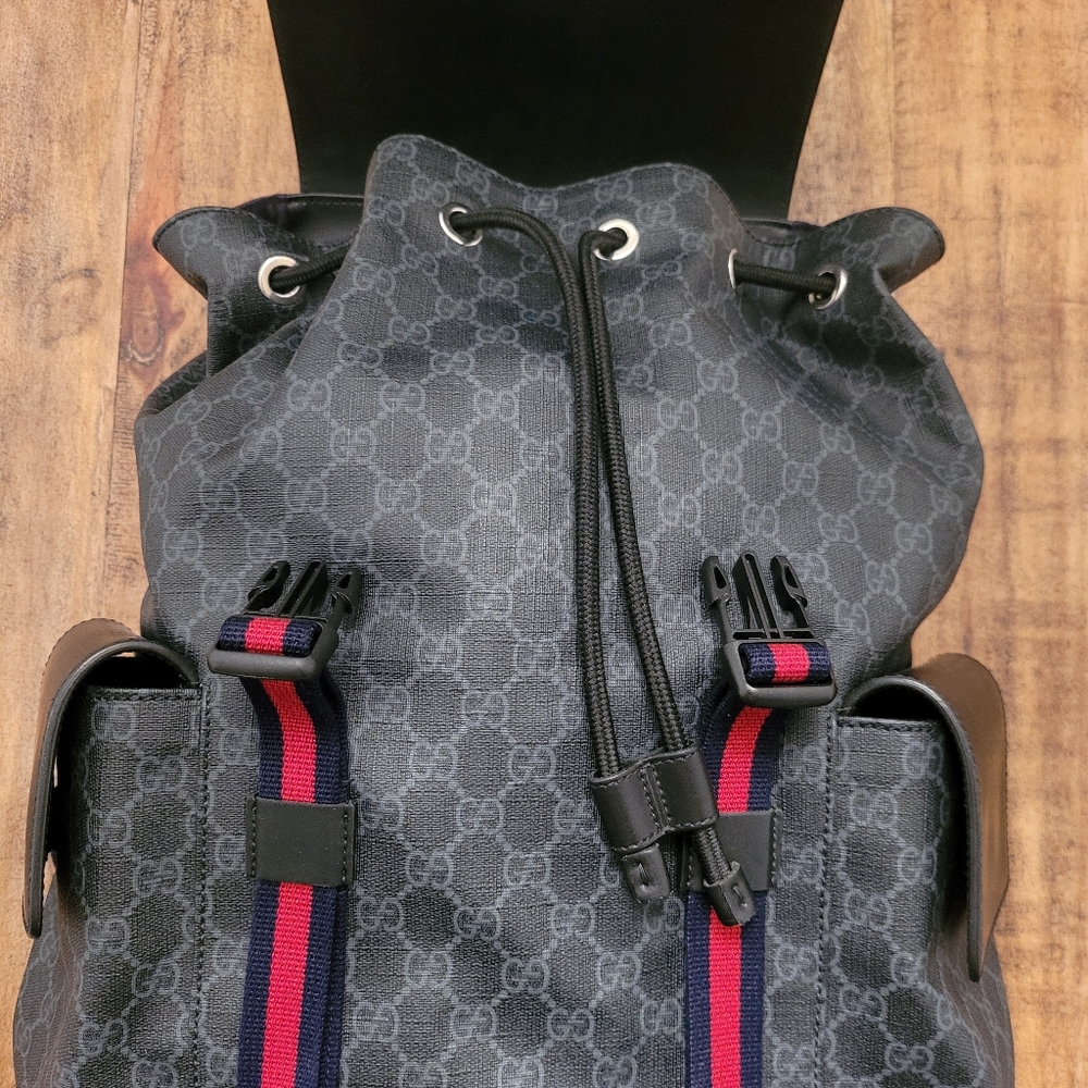 GUCCI Black/Grey Supreme Canvas Backpack- available in store $2,250 + tax - Picture 5 of 13